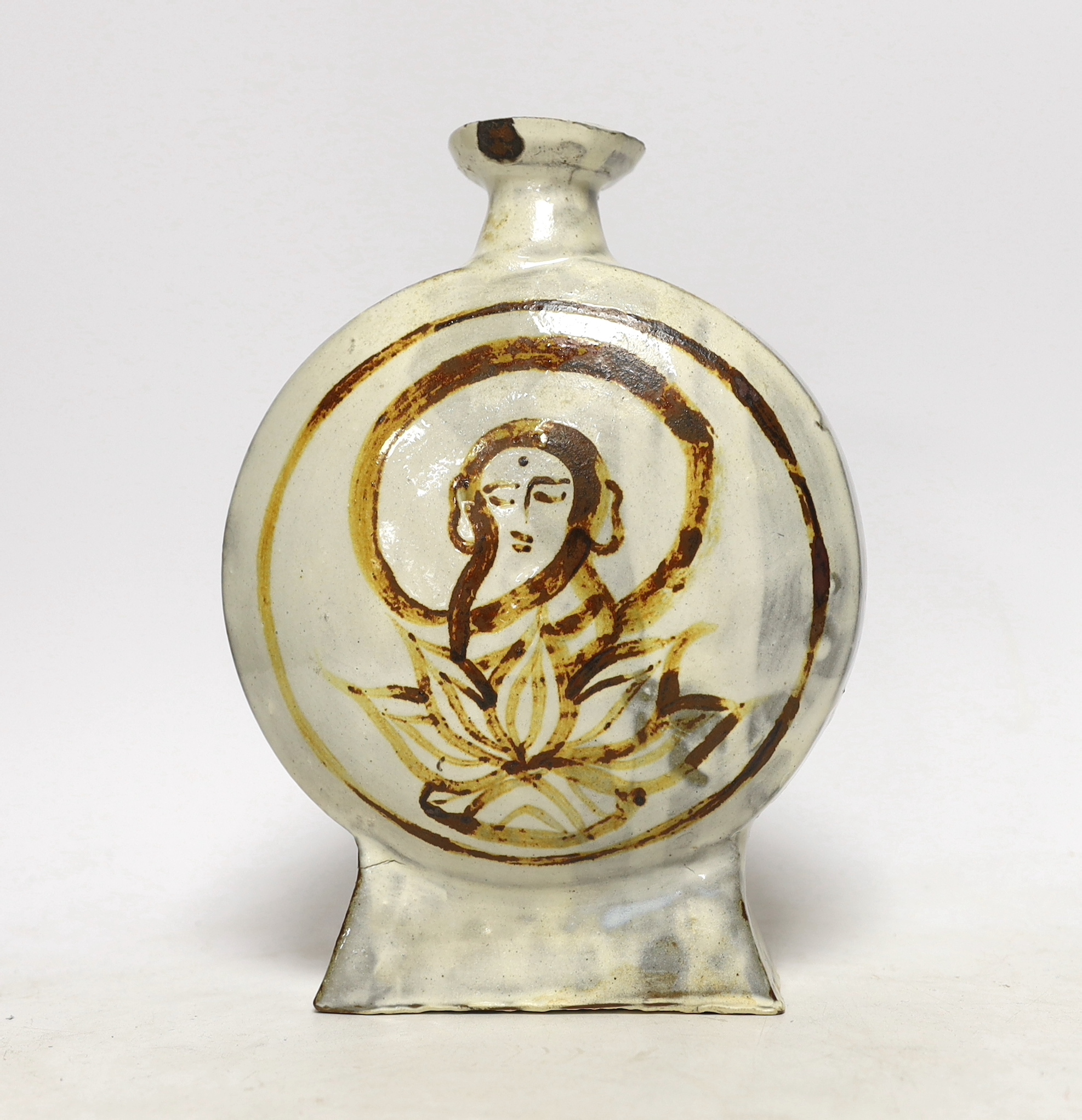 A Japanese studio pottery moon vase, impressed mark to the base, 22cm high